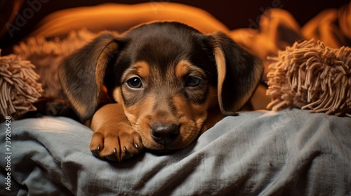 Sleepy Dobermann Puppy with Floppy Ears in a Soft Bed