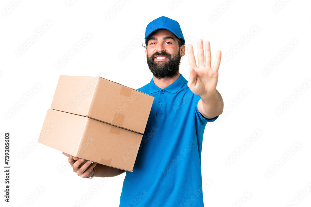 Delivery caucasian man over isolated chroma key background happy and counting four with fingers Delivery caucasian man over isolated chroma key background happy and counting four with fingers