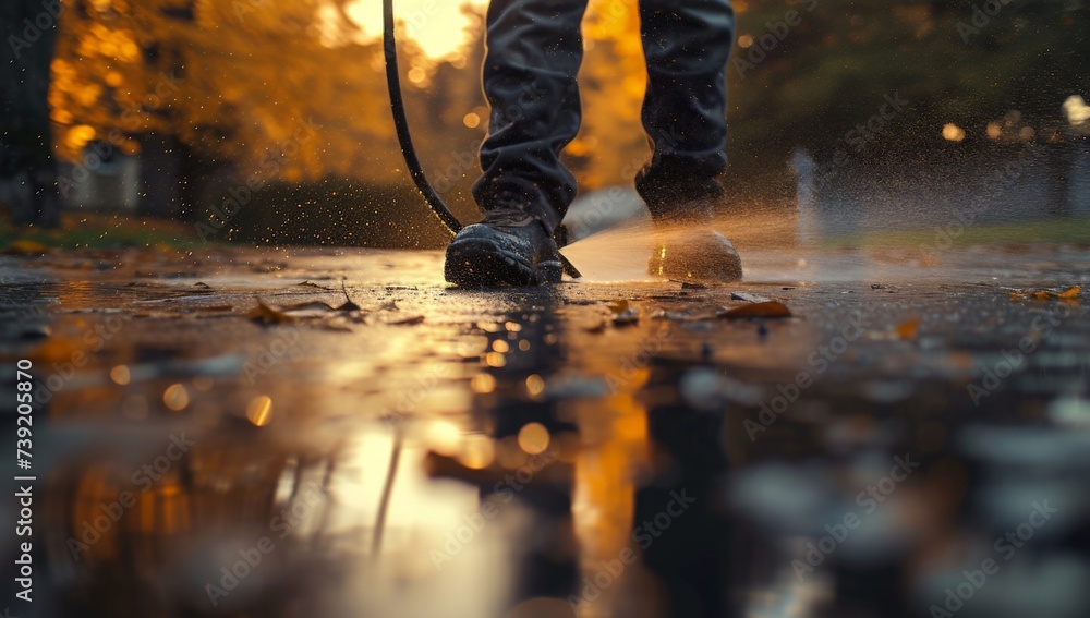 Person standing in rain with hose on their feet and leaf on ground in front of them Person standing in rain with hose on their feet and leaf on ground in front of them