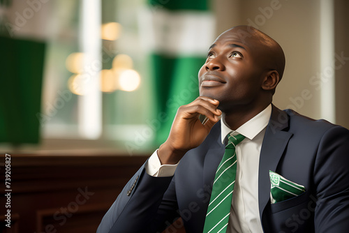 Cheerful Nigerian office employee man in formal attire, deep in thought, isolated on bright green and white background.