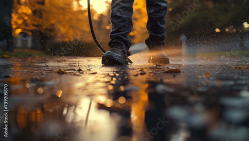 Person standing in rain with hose on their feet and leaf on ground in front of them