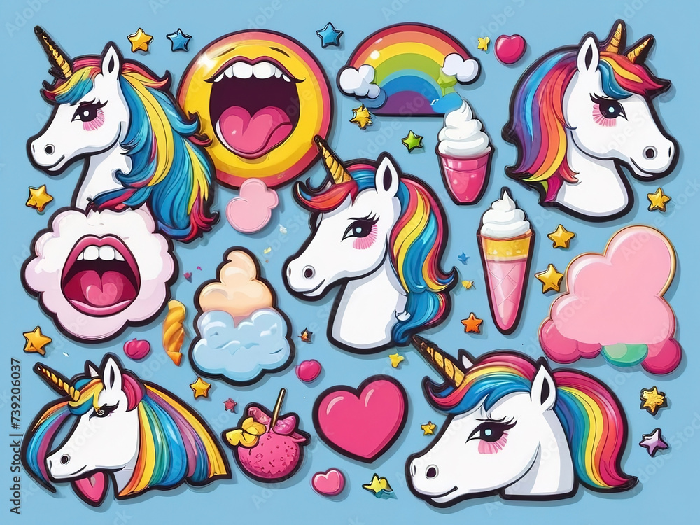 Naklejka premium Vector set of cute cartoon unicorns, clouds, rainbow, ice cream, stars and other elements.