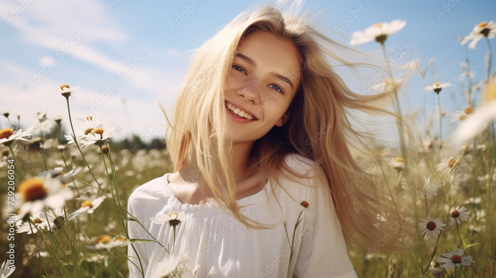 Smiling beautiful girl in the field with flowers. Sunny summer day. Forbs and wild flowers Smiling beautiful girl in the field with flowers. Sunny summer day. Forbs and wild flowers