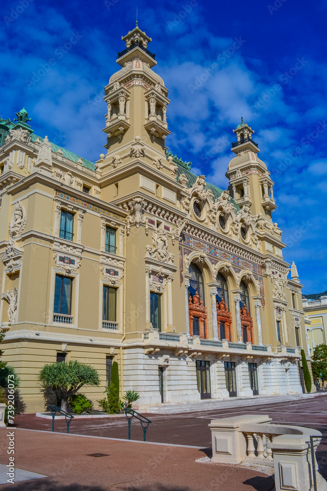 Principality of Monaco, Monaco, 13.2.2024: The magnificent facade of the Opéra de Monte-Carlo next to the famous casino