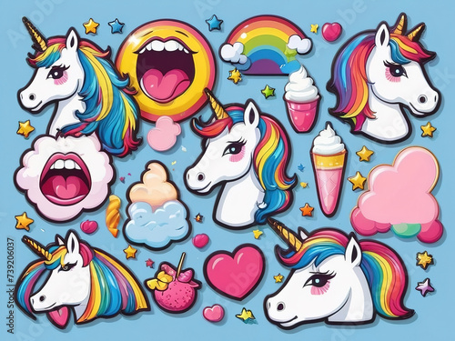 Vector set of cute cartoon unicorns  clouds  rainbow  ice cream  stars and other elements.