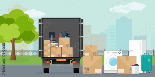 Il fattorino carica scatole in un furgone merci. Illustrazione   - illustrazioni ufficio casa negozio logistica photo