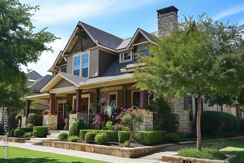 Craftsman Style Home: Inviting Exterior with Enticing Landscape and Sky View