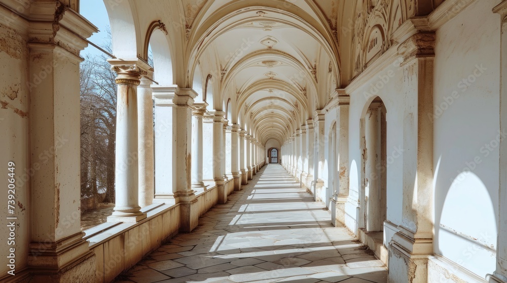 Antique Architectural Perspective: Grand Columned Corridor in Palace Interior