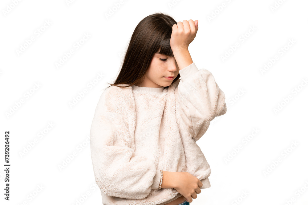 Little girl over isolated green chroma key background with headache