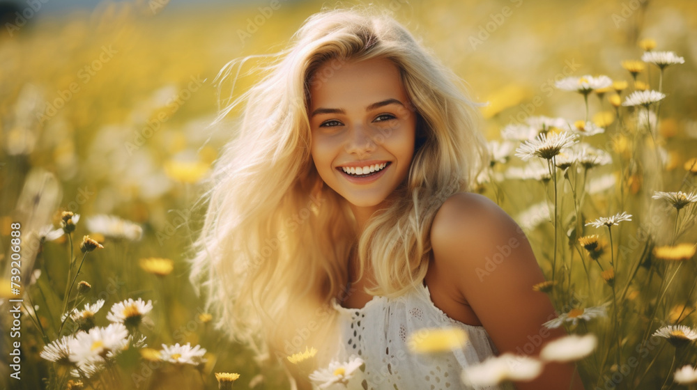 Smiling beautiful girl in the field with flowers. Sunny summer day. Forbs and wild flowers Smiling beautiful girl in the field with flowers. Sunny summer day. Forbs and wild flowers