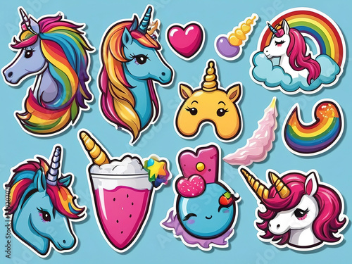 Set of cute unicorns, rainbow, ice cream and clouds illustration