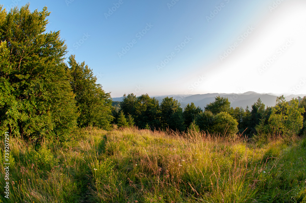 beautiful mountain valleys and mountains on a bright sunny day on the background of a wide valley