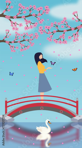 Spring time girl portrait with a swan and sakura trees