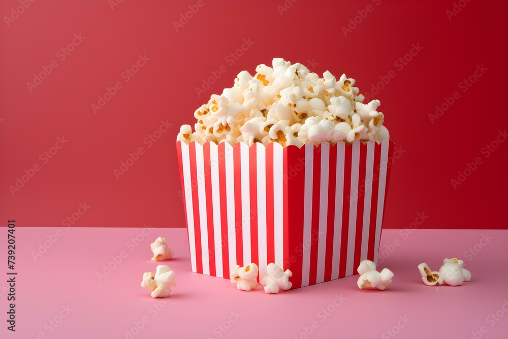 Indulge in the deliciousness of popcorn in a striped paper box against a vibrant pink background. Concept Food Photography, Popcorn, Striped Paper Box, Pink Background, Delicious Snack Indulge in the deliciousness of popcorn in a striped paper box against a vibrant pink background. Concept Food Photography, Popcorn, Striped Paper Box, Pink Background, Delicious Snack