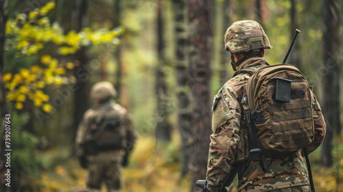 A tightly-knit group of camouflage-clad soldiers, armed with ranged weapons and donning military uniforms, navigate through the dense woods with precision and determination as they carry out their mi
