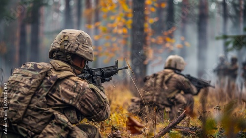 A squad of camouflage-clad soldiers armed with rifles and machine guns navigate through the dense woods, ready for combat and the unknown dangers that await