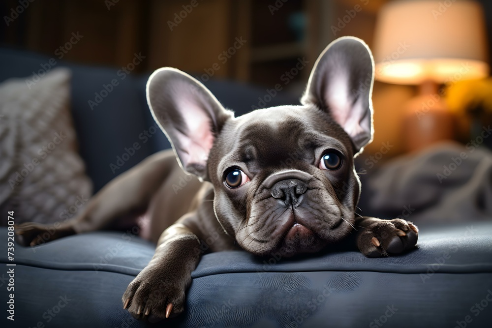 Adorable Frenchie relaxes on a cozy gray couch surrounded by a blurred room. Concept Pets, French Bulldog, Indoor Photography, Cozy Setting, Relaxation