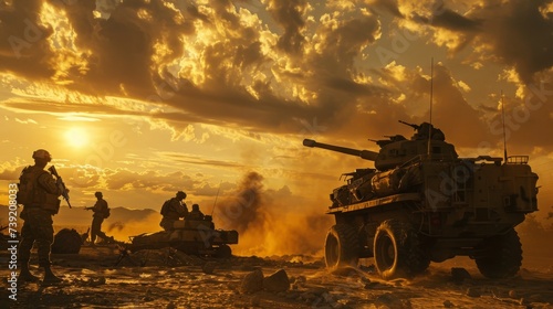 As the sun sets on the desert horizon, a convoy of military vehicles stands ready for combat, their wheels sinking into the sandy terrain as gun turrets and self-propelled artillery point towards the