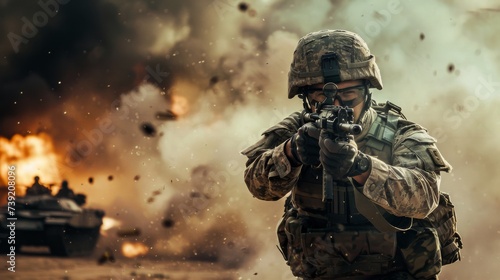 A soldier in camouflage aims his weapon amidst the chaos of combat, his military uniform and ballistic vest blending into the violence and smoke surrounding him as he fights for his army and country © ChaoticMind