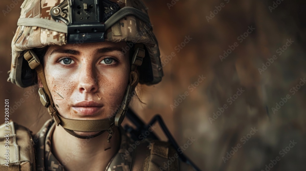A fierce female soldier stands tall in her military uniform, armed with a rifle and protected by a ballistic vest, embodying strength and determination in the face of battle