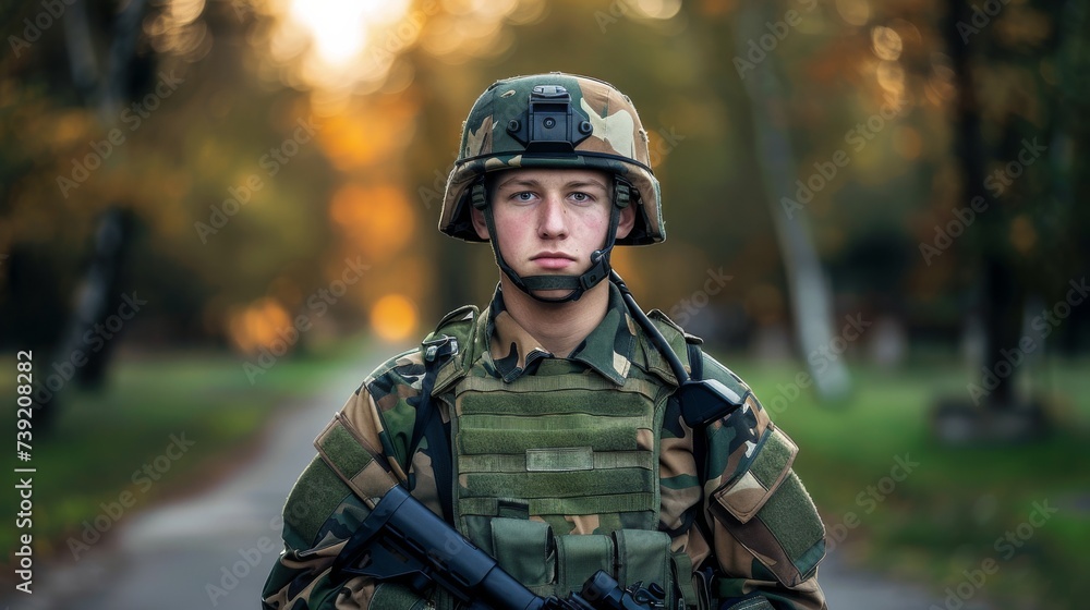 A soldier stands ready for combat, his camouflage blending seamlessly with the outdoor surroundings as he grips his rifle with determination and wears a protective helmet and ballistic vest A soldier stands ready for combat, his camouflage blending seamlessly with the outdoor surroundings as he grips his rifle with determination and wears a protective helmet and ballistic vest