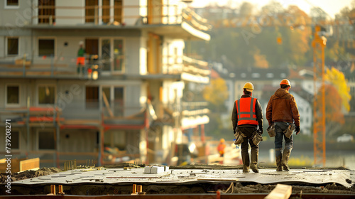 Construction workers working on a building site with safety helmets, back view, free space on the left