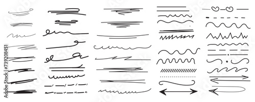 Hand drawn collection of underline strokes in brush doodle style. Vector scrawls elements, swashes, dots and curved lines. Abstract black vector lines and shapes. Chaotic black scribbles photo