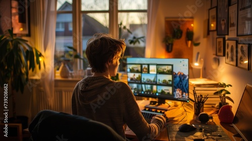 A woman sits at her desk  surrounded by the comfort of her home  as she works diligently on her laptop  the soft glow of the computer screen illuminating the room