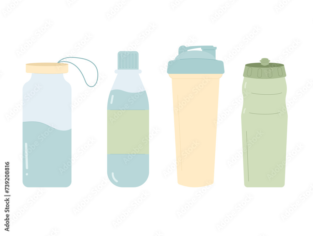 Water bottle sport shaker set. Vector flat illustration isolated on white background Water bottle sport shaker set. Vector flat illustration isolated on white background