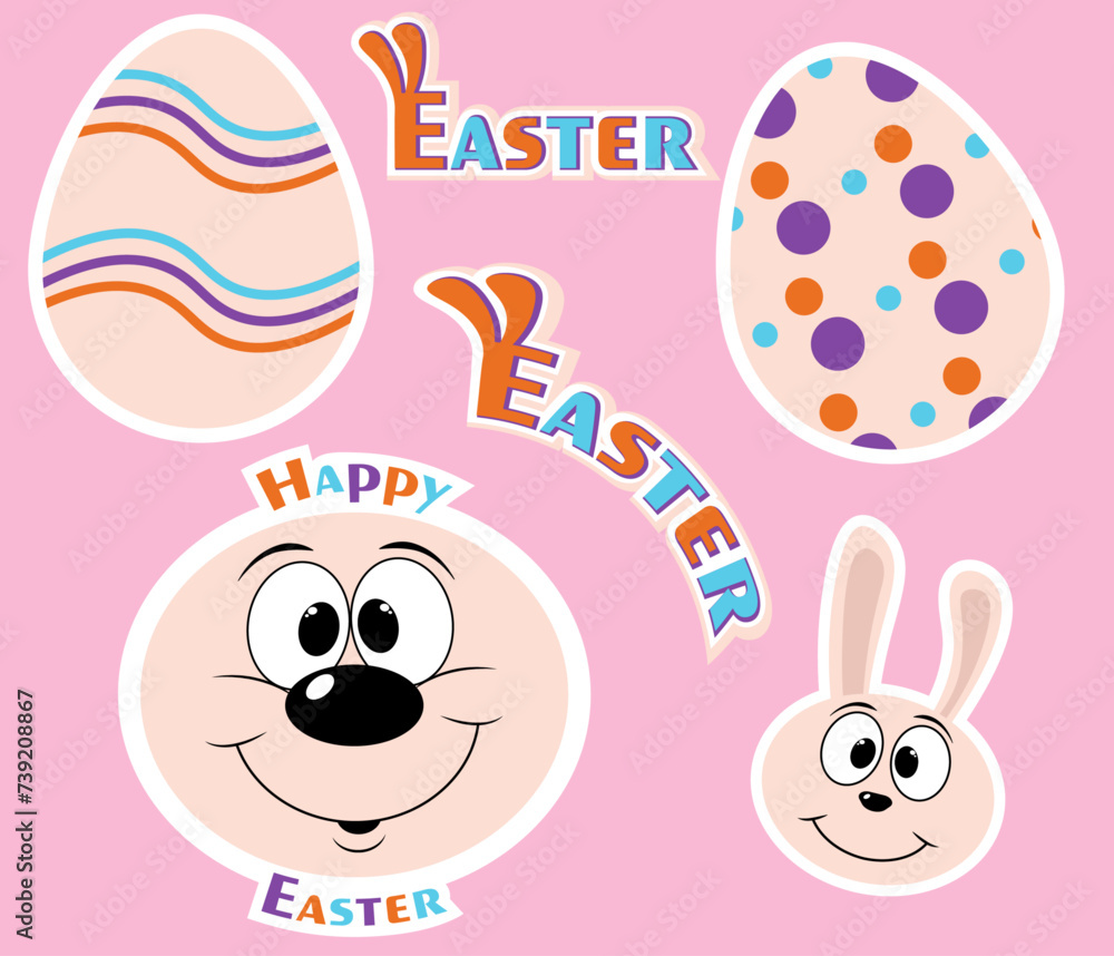 Easter set of stickers. Easter bunny, egg, cartoon face. Congratulations Easter stickers
