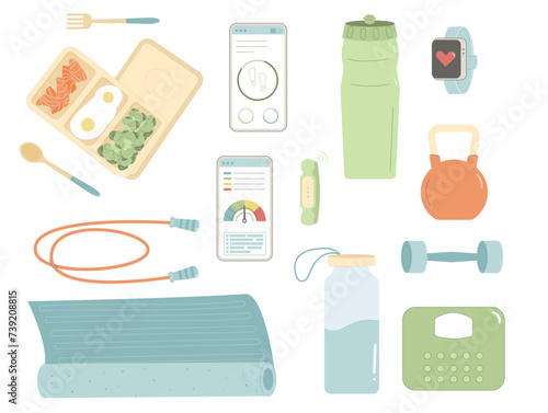 Gym and sport equipment. Healthy lifestyle set. Weight cardio and workout training elements collection. Fitness items. Weight loss control. Vector flat illustration isolated on white background