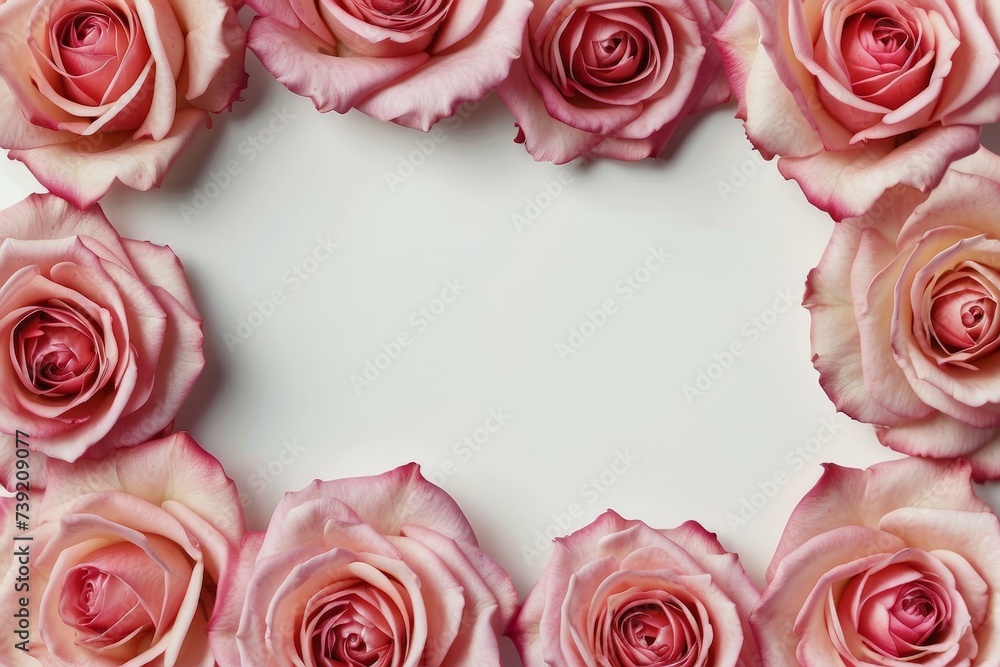 Pastel pink roses frame decorative web banner. Close up of blooming pink rose flowers and petals isolated on white table background. Flat lay, top view.