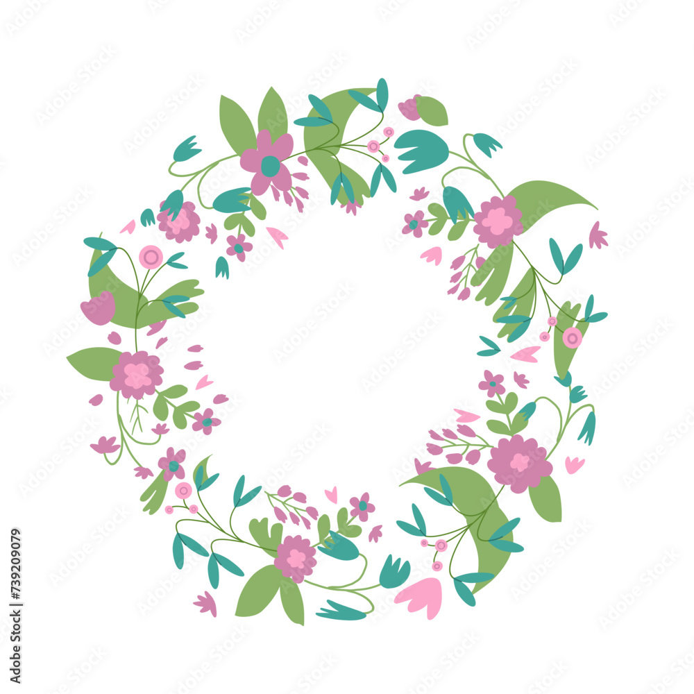 Circle border of bouquet. Floral wreath isolated on white background. Spring flowers frame. Vector flat illustration