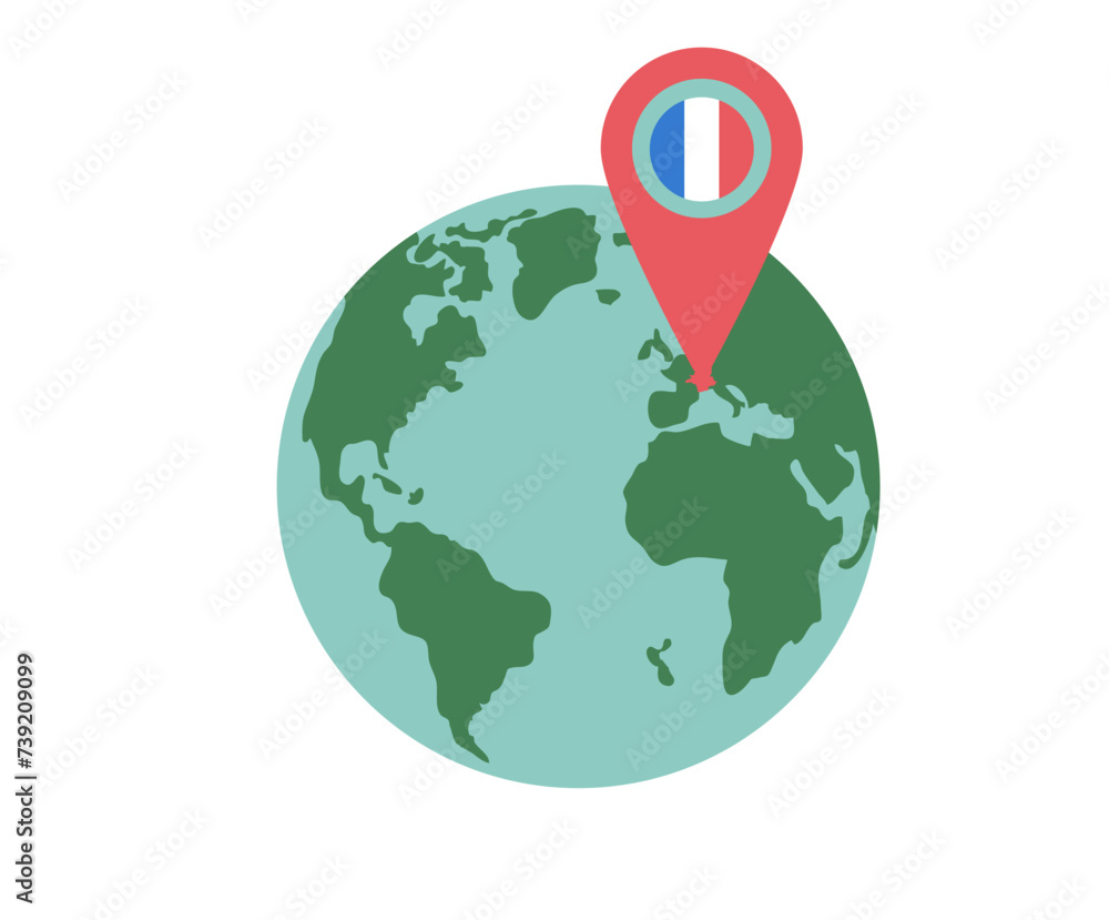 Travel France concept. Planet Earth map and location mark with flag isolated on white background. Tourism to Paris element. Trip to Europe weekend vacation. Vector flat illustration Travel France concept. Planet Earth map and location mark with flag isolated on white background. Tourism to Paris element. Trip to Europe weekend vacation. Vector flat illustration