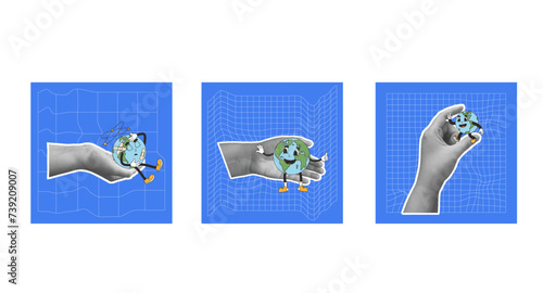 Set of post about earth retro mascot in collage hand. Planet cartoon character templates for holiday and ecological social media event. World environment day. Vector illustration