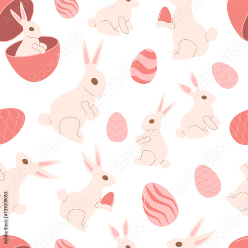 Easter bunny and eggs seamless pattern. Spring holiday endless background. Pink color celebration cover. Vector flat illustration