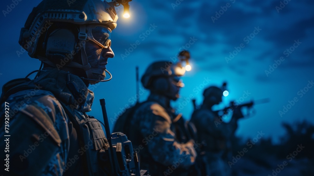 A squadron of fierce soldiers armed with guns, silhouetted against the sky, wearing helmets and bracing for action in an intense outdoor setting, reminiscent of an adrenaline-pumping action-adventure A squadron of fierce soldiers armed with guns, silhouetted against the sky, wearing helmets and bracing for action in an intense outdoor setting, reminiscent of an adrenaline-pumping action-adventure
