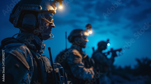 A squadron of fierce soldiers armed with guns, silhouetted against the sky, wearing helmets and bracing for action in an intense outdoor setting, reminiscent of an adrenaline-pumping action-adventure