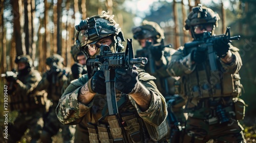 Amidst the rugged terrain, a group of soldiers stands ready, their weapons and uniforms reflecting their unwavering dedication to defend and protect