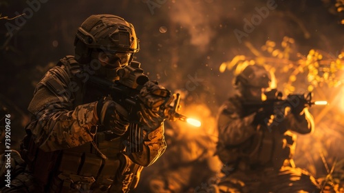 A squad of armed soldiers, engulfed in the chaos of battle, march forward through smoke and fire with their weapons at the ready, protected by their helmets and ballistic vests, embodying the intensi
