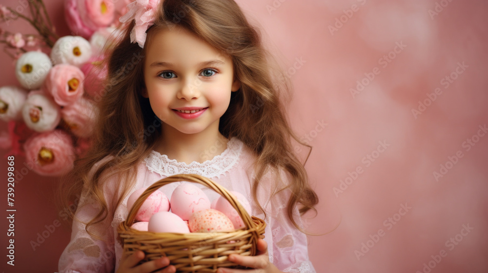 Cute little girl holding a wicker basket with Easter eggs. Easter holiday, mult colored eggs Cute little girl holding a wicker basket with Easter eggs. Easter holiday, mult colored eggs