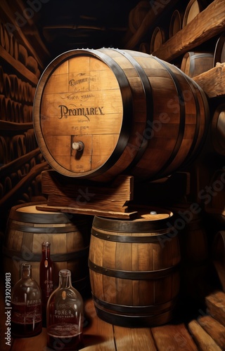 A glass of wine on a wine oak barrel in the wine cellar. Tasting of red wine. High resolution