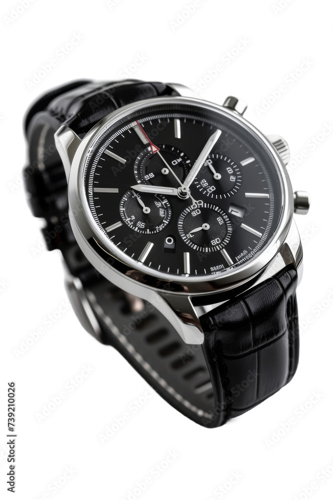 Luxury trendy silver men's watch with black dial and leather strap on transparent background, Png format. Luxury trendy silver men's watch with black dial and leather strap on transparent background, Png format.