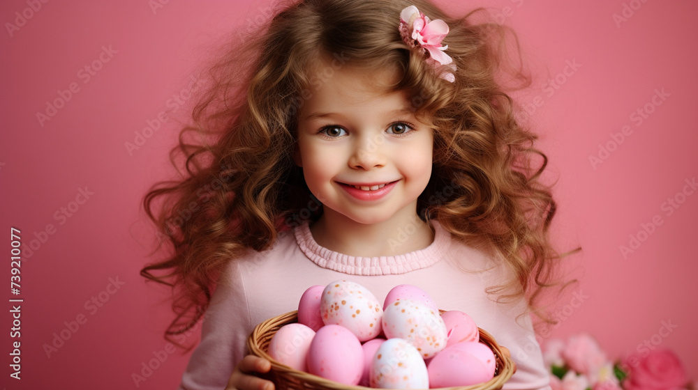 Cute little girl holding a wicker basket with Easter eggs. Easter holiday, mult colored eggs Cute little girl holding a wicker basket with Easter eggs. Easter holiday, mult colored eggs