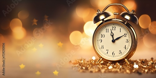 Golden antique clock set against a backdrop of festive lights, representing New Year's celebration. Concept New Year's Eve Decor, Antique Clock, Festive Lighting, Holiday Celebration