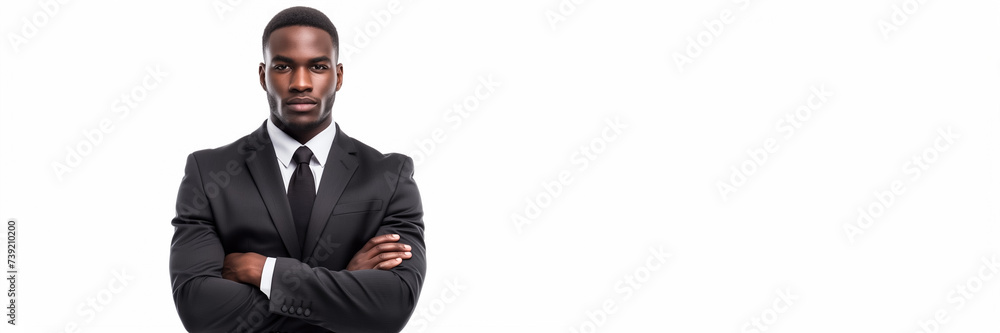 Confident African American businessman in a suit standing with arms crossed on a white background with large copy space for text Confident African American businessman in a suit standing with arms crossed on a white background with large copy space for text