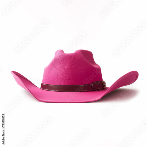 Pink cowboy hat on a white background with space for text, ideal for fashion and lifestyle concepts