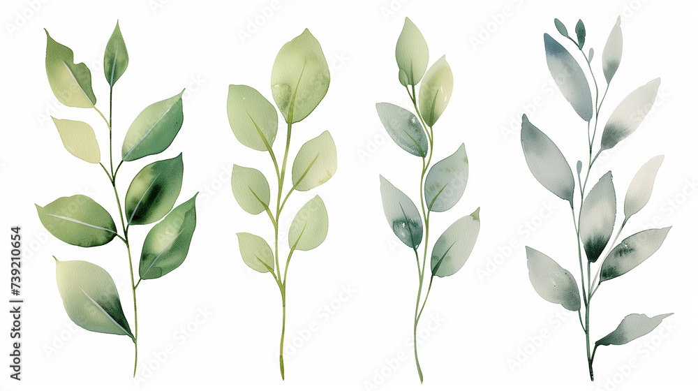 Set of five green watercolor foliage branches, isolated on white background with copy space for eco-friendly or natural concepts - obrazy, fototapety, plakaty 