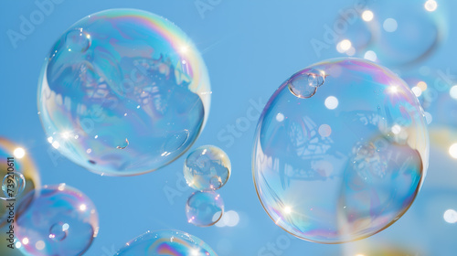 Soap bubbles on blue sky background. Close-up of soap bubbles.