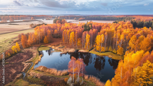 Aerial Forest Serenity: Birds Eye View of Scandinavian autumn Landscape